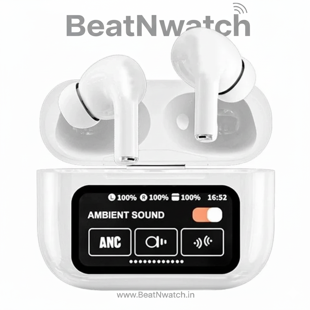 A9 ANC Wireless Earbuds with Smart Display + Free Leather Case with Keychain (Free)